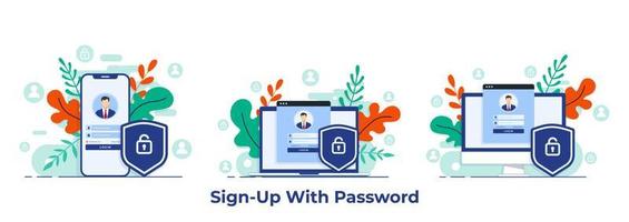 Online registration or sign up user interface screen on laptop, desktop computer, smartphone. Secure login, password protection concept for landing page, UI, mobile app vector