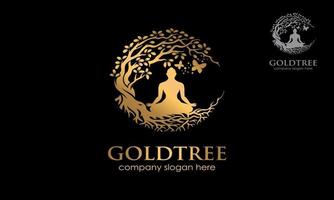 Gold Tree Vector Logo Template. Awesome Logo template that combine silhouette human, butterfly with gold leaves that means Healthy Life, perfect for health company, therapy, healing activist, etc.