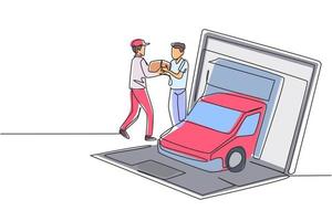 El carro de caja de entrega de dibujo de línea continua única sale en parte de la pantalla gigante de la computadora portátil y el mensajero masculino entrega la caja del paquete al cliente masculino. Ilustración de vector de diseño gráfico de dibujo de una línea dinámica