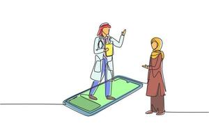 Single continuous line drawing Arab male doctor standing on smartphone, in front of his standing hijab female patient. Online medical services. Dynamic one line draw graphic design vector illustration