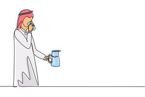 Single one line drawing Arabic man drinking holding glass in right hand and jug in left hand to quench thirst after activity. Enjoy life. Modern continuous line draw design graphic vector illustration