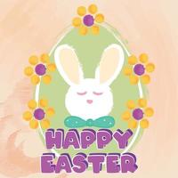 Happy easter poster with rabbit and flowers Vector illustration