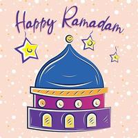 contento Ramadán kareem póster con estrellas y mezquita bosquejo vector ilustración