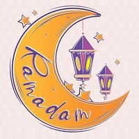 Colored ramadam kareem poster with sketch of moon and lamps Vector illustration