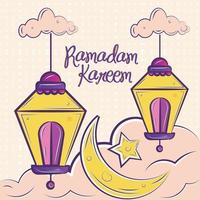 Ramadan kareem poster with sketch of arabic lamps and moon Vector illustration