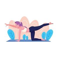 Flat girl character on a natural environment doing yoga Vector illustration