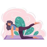 Flat girl character on a natural environment doing yoga Vector illustration