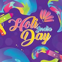 Colored holi festival poster with water guns and powder Vector illustration