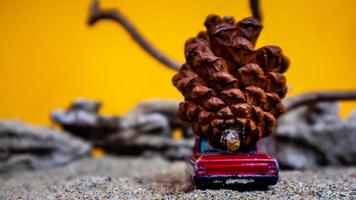 toy car hauling pinecones on an orange background photo