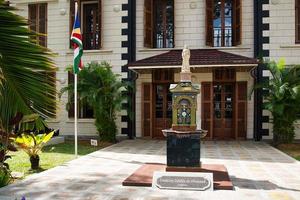 Mahe Seychelles 02.02.2023  diamond jubille fountain infant of the history museum, Seychelles flag photo