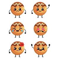 vector ilustración de kawaii linda takoyaki conjunto dibujos animados plano diseño caracteres. emoticono, mascota, personaje de takoyaki japonés bocadillo alimento, aislado objeto en blanco antecedentes. icono conjunto modelo.