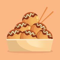 Cute takoyaki illustration. Japanese traditional food or snack illustration vector for poster, wallpaper, printable decorative. Cartoon flat design art pastel colors on colorful background template.