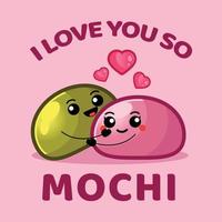 Vector couple flat design cartoon daifuku mochi characters. Cute mochi mascot are holding hands and love each other. Set of characters for Valentine's Day card illustration template.