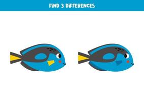 Find 3 differences between two cute blue tang fish. vector