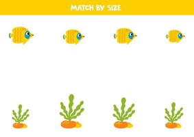 Matching game for preschool kids. Match butterfly fish and seaweed by size. vector