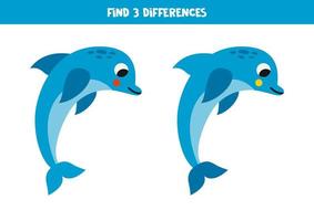 Find 3 differences between two cute blue dolphins. vector