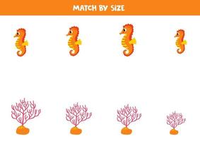 Matching game for preschool kids. Match seahorses and corals by size. vector