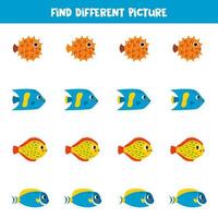 Find different sea fish in each row. Logical game for preschool kids. vector