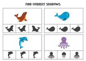 Find correct shadow of cute sea animals. Printable clip card games for children. vector