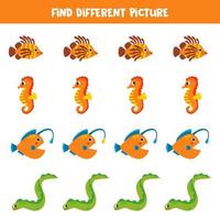 encontrar diferente mar animal en cada fila. lógico juego para preescolar niños. vector