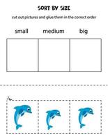 Sort blue dolphin by size. Educational worksheet for kids. vector