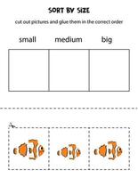 Sort pictures by size. Educational worksheet for kids. vector