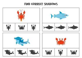 Find the correct shadows of pictures. Clip cards for preschool kids. Sea animals. vector