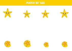 Matching game for preschool kids. Match yellow starfish and seashell by size. vector