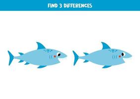 Find 3 differences between two cute blue sharks. vector