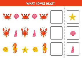 What comes next game with cute cartoon sea animals. vector