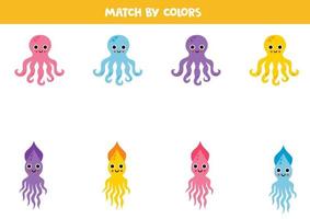 Color matching game for preschool kids. Match cute octopuses and squids by colors. vector