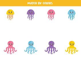 Color matching game for preschool kids. Match cute octopuses and jelly fish by colors. vector