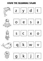 Learning English language for children. Color the beginning sound of sea animals. vector