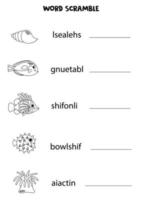 Puzzle for kids. Word scramble for children. Black and white sea animals. vector