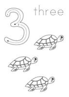 Flashcard number 3. Preschool worksheet. Black and white turtles. vector