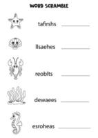 Puzzle for kids. Word scramble for children. Black and white sea animals. vector