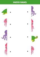 Match parts of cartoon cute sea animals. Logical game for children. vector