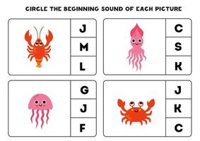 Worksheet for kids. Find the beginning sound of cute sea animals. vector