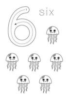 Flashcard number 6. Preschool worksheet. Black and white jelly fish. vector