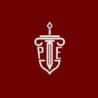 PE initial logo monogram design for legal lawyer vector image with sword and shield