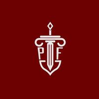 PF initial logo monogram design for legal lawyer vector image with sword and shield