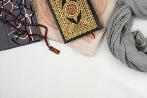 Muslim stuff in flat lay frame for banner and copy space design photo