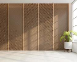 Japanese style empty room decorated with wooden slats wall and white concrete floor. 3d rendering photo