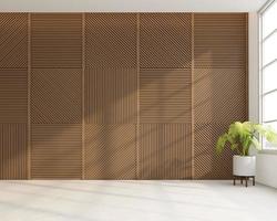 Japanese style empty room decorated with wooden slats wall and white concrete floor. 3d rendering photo