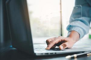 Concept of online document management technology. Businesspeople manage corporate databases through cloud, cyberspace technology and large, paperless archives of important, file and online storage. photo