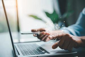 Concept of online document management technology. Businesspeople manage corporate databases through cloud, cyberspace technology and large, paperless archives of important, file and online storage. photo