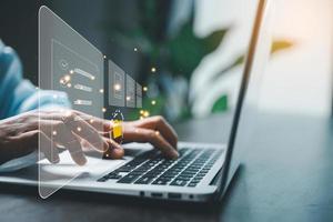 Concept of online document management technology. Businesspeople manage corporate databases through cloud, cyberspace technology and large, paperless archives of important, file and online storage. photo