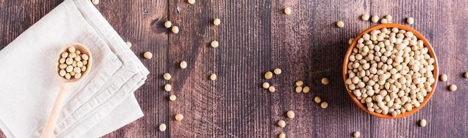 Ripe soybeans in a bowl and spoon. Vegetable protein and antioxidant. Top view. Web banner photo