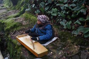 un hombre jugando Kecapi tradicional sundanés música en el ciudadana, bandung, oeste Java, Indonesia. foto