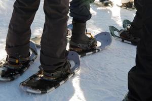 cerca arriba de pies con nieve raquetas foto